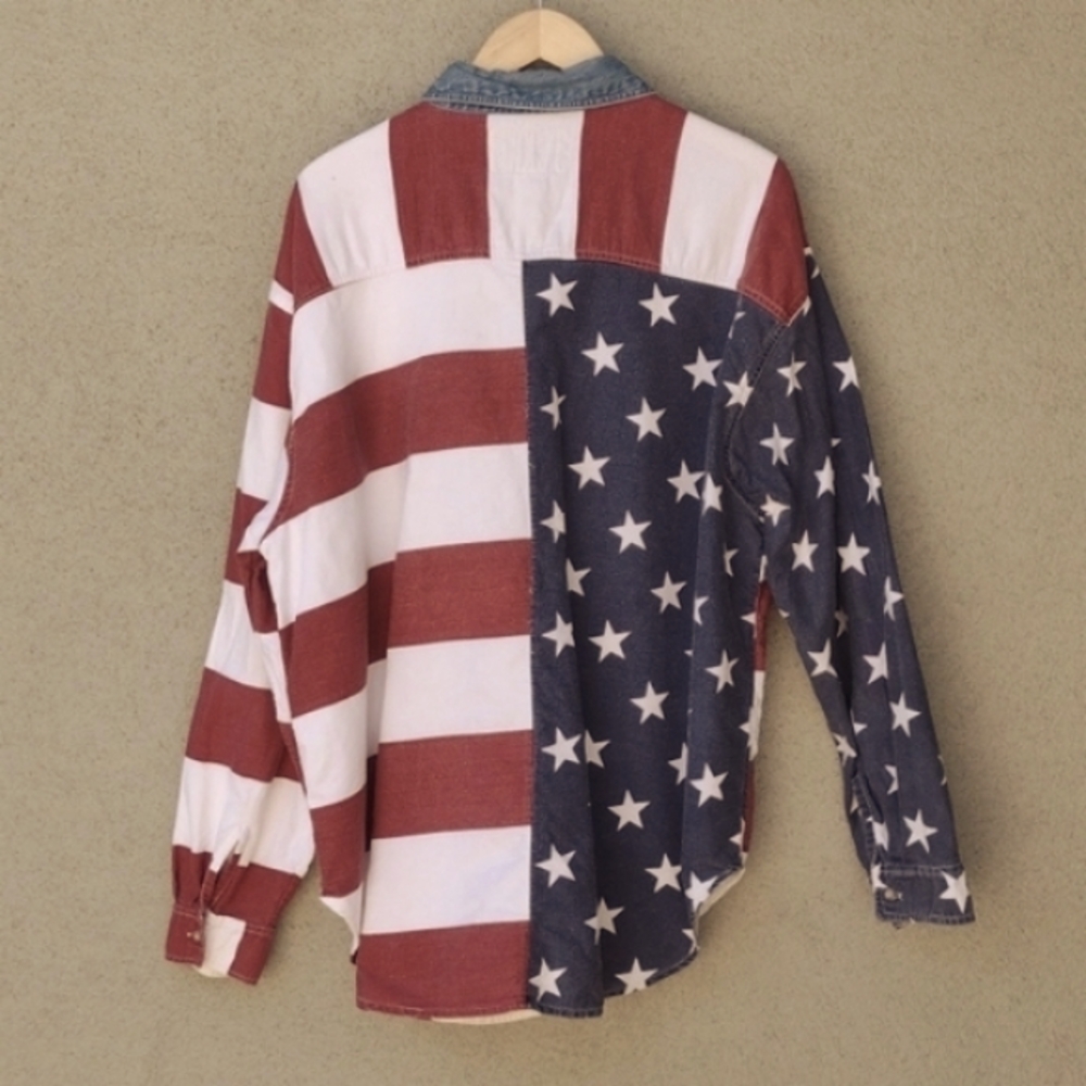 Worn Quizz Jeans Patriotic Stars and Stripes Button-up Cotton Shacket Women's 24 - Picture 2 of 11